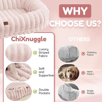 ChiXnuggle Human Dog Bed for Adult - Luxury Striped Faux Fur Giant Dog Bed with Portable Handle, Egg Orthopedic Foam Pad with Thick Warm Blanket, 72"x40"x10", Pink