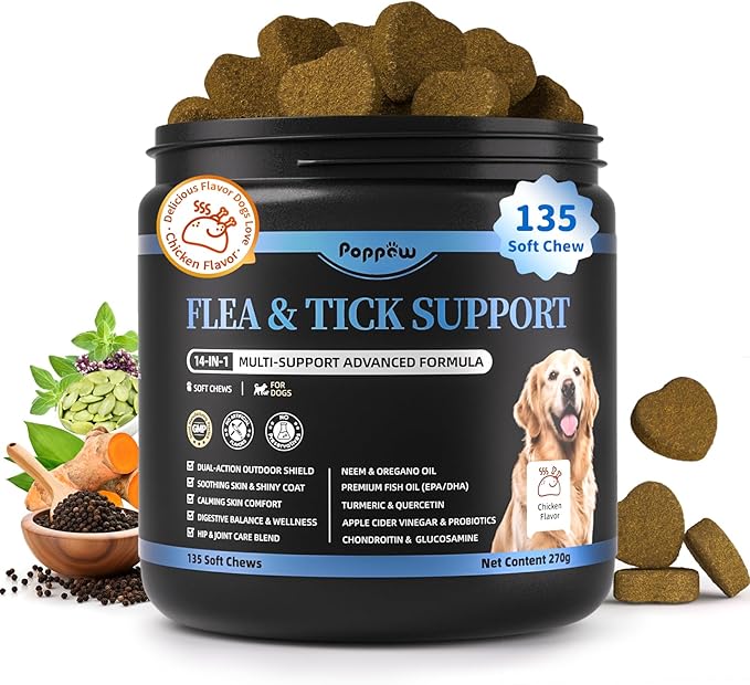 POPPAW Dog Flea and Tick Treatment Chewable, 5-in-1 Natural Flea and Tick Prevention Chews, Dog Oral Flea and Tick Support Supplement, for All Breeds and Ages, Chicken Flavor, 135 Count