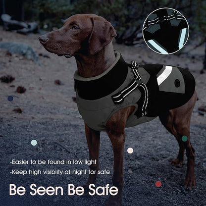 IECOii Dog Coat with Harness Built in - Black, Large - Waterproof Winter Coat, Fleece Lined Snow Jacket for Dogs