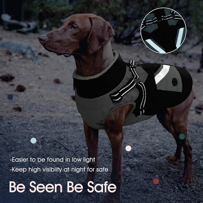 IECOii Dog Coat for Large Dogs Waterproof Dog Winter Jacket with Harness Built in, Black - XXLarge, Thermal Warm Fleece Lined, Reflective Dogs Jackets for Cold Weather Camping, Hiking, Pitbull