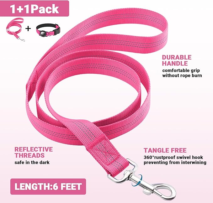 HDDTTZ AirTag Dog Collar and Leash, IP68 Waterproof Integrated with Reflective, Ultra-Durable, Comfortable Padded, Heavy Duty Dog Collars for Small Medium Large Dogs, S (10.6"-13.6"), Pink