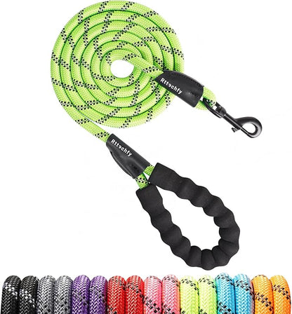Rttochfy Rope Dog Leash 2/4/5/6/8/10 FT with Comfortable Padded Handle and Highly Reflective Threads for Small Medium and Large Dogs Heavy Duty (1/2"-5 FT, Green)