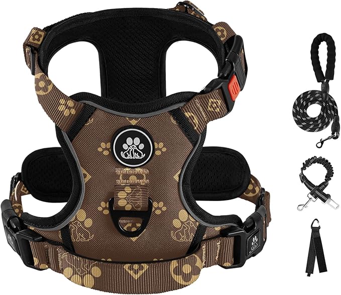 IVY&LANE No Pull Dog Harness with Leash Set, Reflective No Choke Pet Vest,Adjustable Oxford Dog Vest Harness with Easy Control Handle for Medium Dogs (Dark Brown,M)