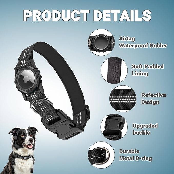HDDTTZ AirTag Dog Collar, IP68 Waterproof Integrated Air Tag Dog Collars with Reflective, Ultra-Durable, Comfortable Padded, Heavy Duty Dog Collars for Small Medium Large Dogs, L (14.8"-20.3"), Black