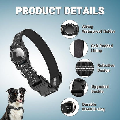 HDDTTZ AirTag Dog Collar, IP68 Waterproof Integrated Air Tag Dog Collars with Reflective, Ultra-Durable, Comfortable Padded, Heavy Duty Dog Collars for Small Medium Large Dogs, L (14.8"-20.3"), Black