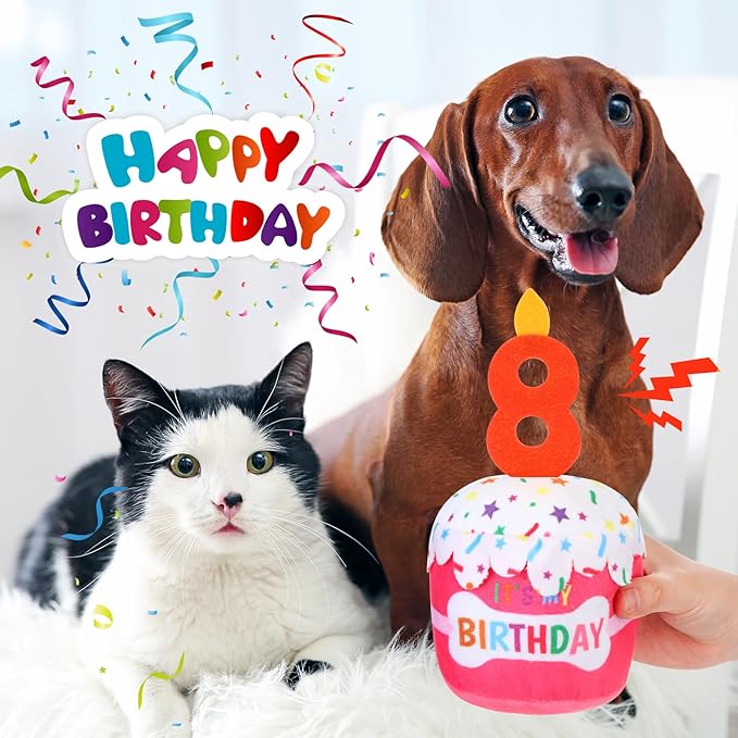 Dog Birthday Cake Toy Accessories for Girl Boy Gifts, Squeaky Plush Toy for Dog Birthday Party Decor Favor for Large, Medium and Small Dogs(8th,Pink)