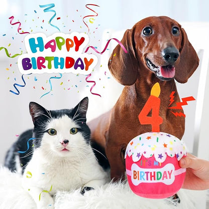 Dog Birthday Cake Toy Accessories for Girl Boy Gifts, Squeaky Plush Toy for Dog Birthday Party Decor Favor for Large, Medium and Small Dogs(4th,Pink)