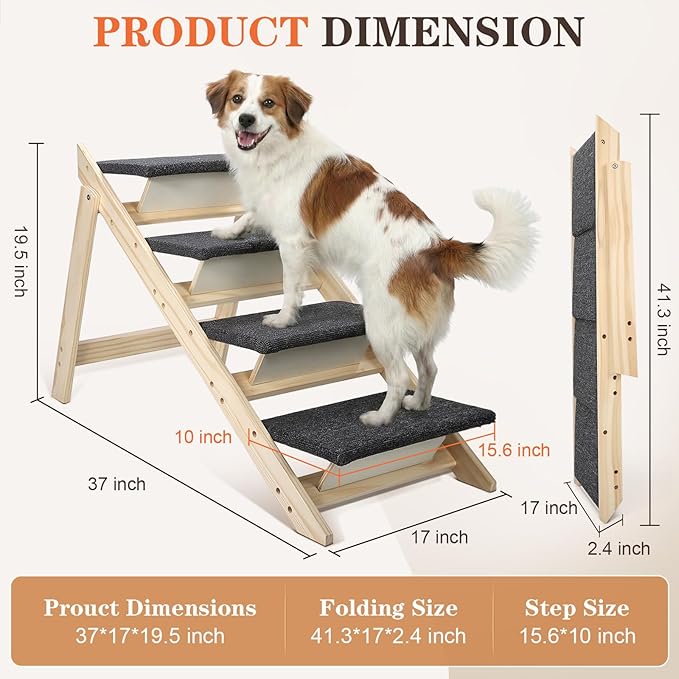 Dog Stairs/Steps, 2-in-1 Foldable Wooden Pet Stairs, Wood Frames and Non-Slip Carpet Suitable for High Beds, Car, Couch, Durable Wooden Dog Stairs for Small Medium and Large Dogs,4 Steps