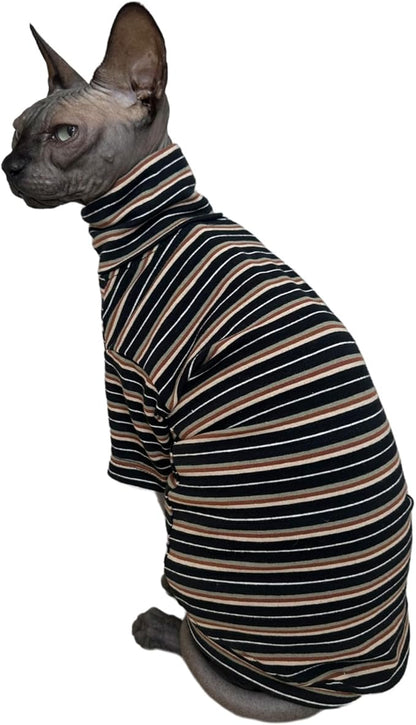 Vintage Stripes Sphynx Hairless Cats Shirt Cotton Cat Turtleneck Pet Clothes Kitten T-Shirts with Sleeves for Sphynx Cats (Vintage Black, XX-Large)