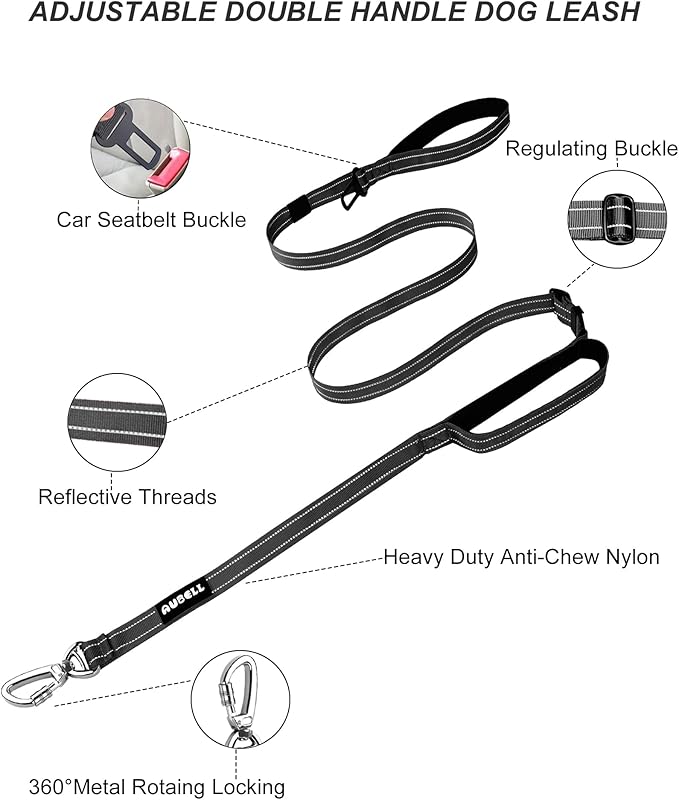 AUBELL Double Handle Tactical Dog Leash Heavy Duty for Small and Medium Large Dogs,Reflective Adjustable Nylon Leash That Pull with Car Seatbelt for Training,4.5-6FT,Black