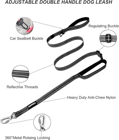AUBELL Double Handle Tactical Dog Leash Heavy Duty for Small and Medium Large Dogs,Reflective Adjustable Nylon Leash That Pull with Car Seatbelt for Training,4.5-6FT,Black
