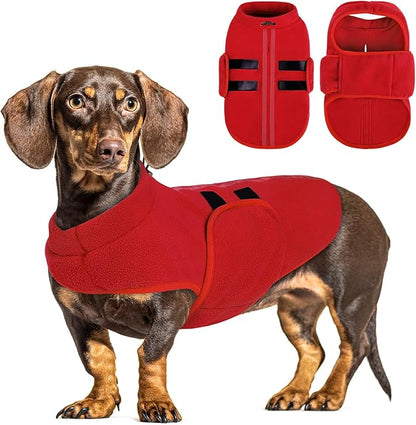 Queenmore Soft Fleece Dog Jacket, Warm Winter Dog Clothes with Leash Hole, Dachshund Sweater for Small Dogs Cats Boy or Girl (Red, S)