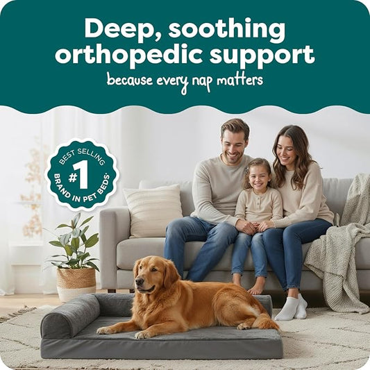 FurHaven Orthopedic Dog Bed for Large Dogs, L-Shaped Chaise Mattress with Orthopedic Egg Crate & Solid Orthopedic Foam Base for Joint Support, Washable Cover, Jumbo XL, Plush & Velvet, Platinum Gray