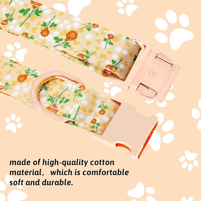 Dog Collar and Leash Set Girls Adjustable Puppy Collars with Floral Bow Tie for Small Medium Large Female Dogs, YellowFlower, M