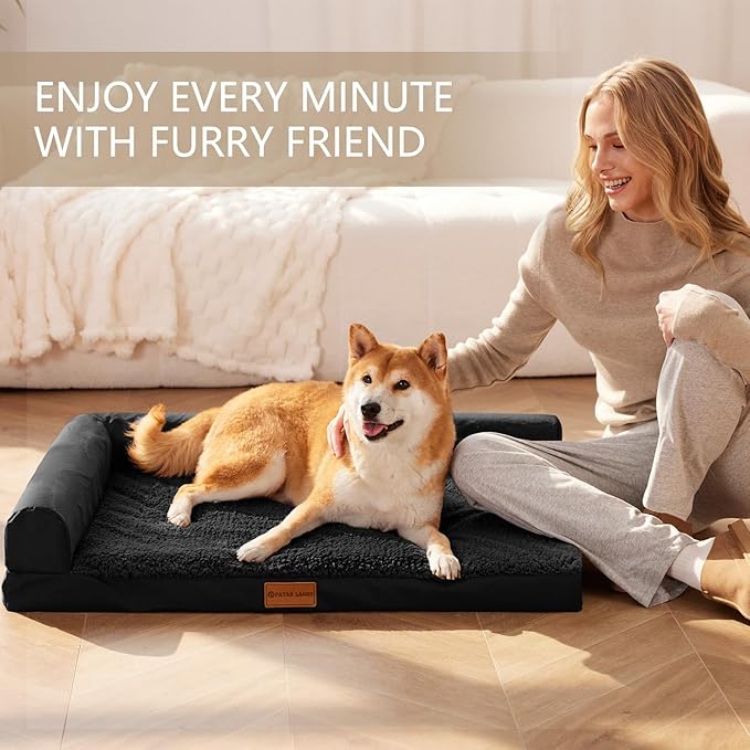 Patas Lague Orthopedic Jumbo Dog Bed for Extra Large Dogs 56''X40'', Waterproof L Bolster Pet Sofa Beds with Removable Washable Cover, Soft Comfortable Pet Couch Crate Mat with Nonskid Bottom, Black