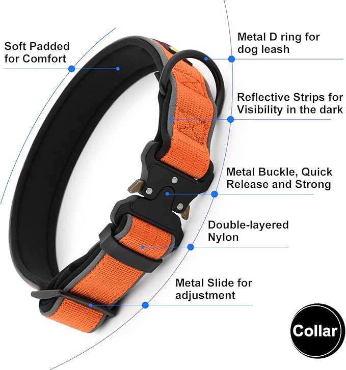 Plutus Pet Tactical Dog Collar, Reflective, Adjustable Heavy Duty Dog Collar, Soft Padded and Comfortable, for Small Medium and Large Dogs (Orange, XL)