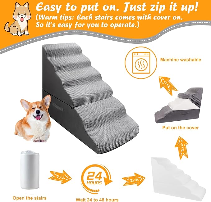 Dog Stairs&Steps for 30 Inches High Bed Up to 30-36 Inch Tall, Pet Cat Ramp Ladder for Small Dogs, Doggie, Old Cats, Kitty, Small Animals Grey No Assembly Required