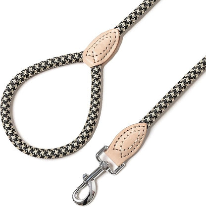 Mile High Life Rope Leash with Genuine Leather Connection, 6 FT/5 FT/4 FT, Heavy Duty Leash for Small Medium & Large Dogs(Black Khaki,72 Inch)