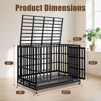 SHUSHIM 48 Inch Heavy Duty Dog Crate Kennel with Wheels, High Anxiety Indestructible Dog Crates for Large Dogs, XL XXL Extra Large Dog Crate with Removable Plastic Tray, Two Locks (Black, Square)