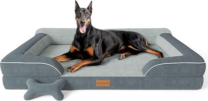 CWAWZ XXL Dog Bed for Extra Large Dogs, Giant Orthopedic Dog Beds with Cooling Gel Memory Foam, Waterproof Pet Bed with Removable Washable Cover, 53" Pet Sofa Bed Velvet with Bone Toy, Dark Gray