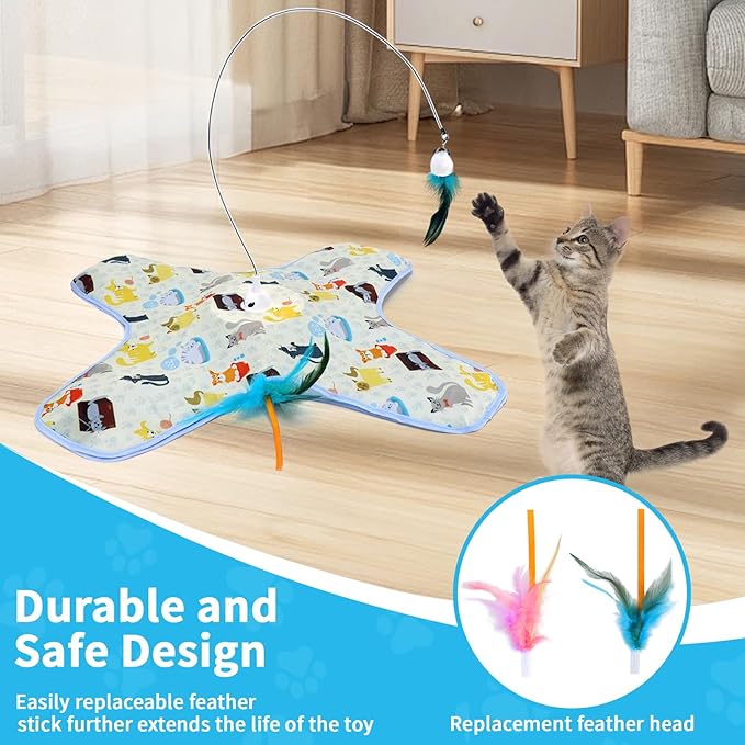 DFQ Interactive Cat Toy,3 in 1 Hide and Seek for Indoor Cats, Rechargeable Touch-Activated Moving Feather Wand with Concealed Motion, Play Toy for Kittens and Adult Cats (Yellow)