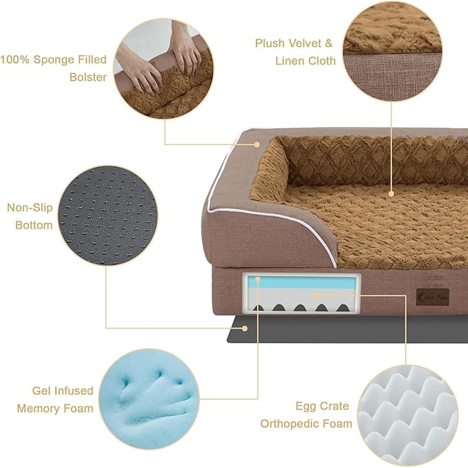Casa Paw Orthopedic Dog Beds for Extra Large Sized Dogs, Waterproof Memory Foam XL Pet Bed with Sides 42x30Inch, Non-Slip and Egg-Crate Foam Big Dog Couch Bed with Removable Washable Cover, Brown