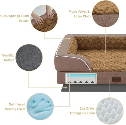 Casa Paw Orthopedic Dog Beds for Extra Large Sized Dogs, Waterproof Memory Foam XL Pet Bed with Sides 42x30Inch, Non-Slip and Egg-Crate Foam Big Dog Couch Bed with Removable Washable Cover, Brown
