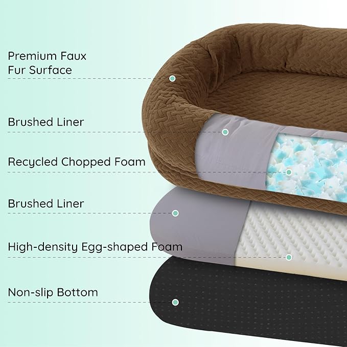 Human Dog Bed for Adult - Luxury Faux Fur Giant Size Dog Bed with Portable Handle, Egg Orthopedic Foam with Blanket, 72"x40"x10", Brown