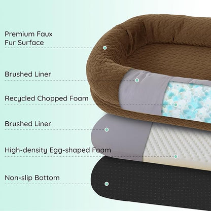 Human Dog Bed for Adult - Luxury Faux Fur Giant Size Dog Bed with Portable Handle, Egg Orthopedic Foam with Blanket, 72"x40"x10", Brown