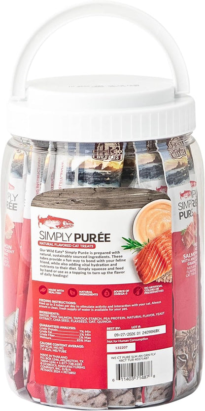 Wild Eats Simply Puree Salmon with Ancient Grains Tub for Cats | 48 Individual Servings | High-Protein, Grain-Enriched Cat Treat | All-Natural, No Artificial Additives | Smooth and Delicious Puree