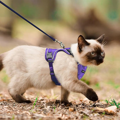 Cat Harness and Leash Set for Walking Escape Proof, Improved Four Place Adjustable Cat Car Harness, Soft Kittens Vest with Reflective Strip for Cats, Comfortable Outdoor Vest, Purple, XS