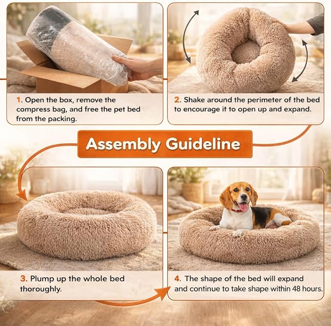 Dog & Cat Bed for Indoor Cats, 24in Calming Donut Pillow mat for Puppy and Kitten, Washable Cooling Round Fluffy Pet Nest for Small Medium Dogs and Cats, Brown