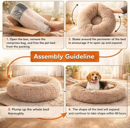 Dog & Cat Bed for Indoor Cats, 24in Calming Donut Pillow mat for Puppy and Kitten, Washable Cooling Round Fluffy Pet Nest for Small Medium Dogs and Cats, Brown