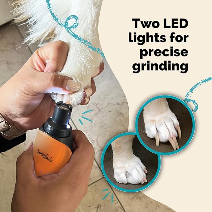 LUCKY TAIL Pet Nail Grinder for Dogs and Cats - Super Quiet and Low Vibration Electric Dog Nail Grinder with 2 LED Lights - USB Rechargeable and Cordless - 2 Speeds - Small to Large Pets - Orange