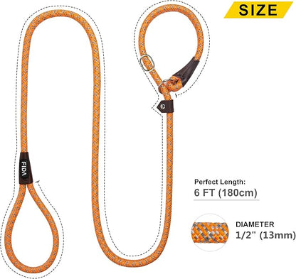 Fida Durable Slip Loop Lead for Large, Medium Dogs, 6 FT x 1/2" Heavy Duty, Comfortable Strong Rope, No Pull Pet Training Leash with Highly Reflective, Orange