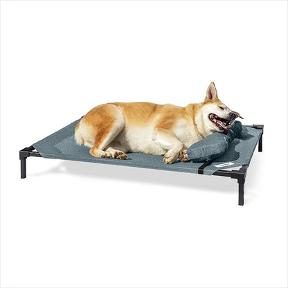 Coolaroo Pro Elevated Dog Bed with HeatShield Fabric – Advanced Cooling Raised Cot for Medium & Large Breeds, Easy-Clean, Low-to-Ground Access, Bonus Bolster Pillow – Pacific Crest Blue