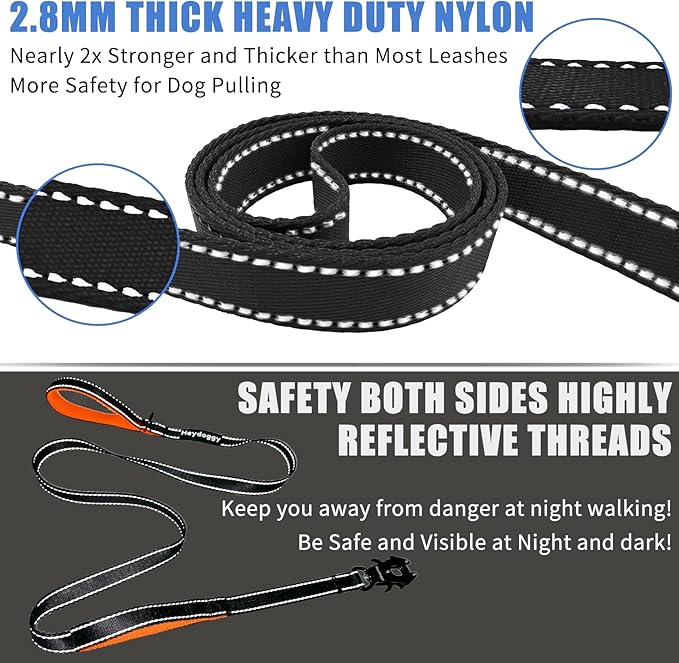 Strong Heavy Duty Dog Leash - 4ft Reflective Nylon Training Leash with Soft Padded Double Handle & Auto Lock Frog Clip - Safety Traffic Control for Large Medium Small Dog No Pull Walk Black Orange,4ft
