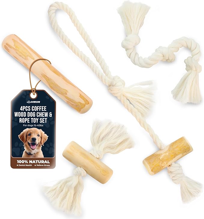 4 Pack Real Coffee Wood Stick for Dogs 15-40 lbs, Puppy Teething Toys, 100% Natural Puppy Wood Chew Toys, Stress Relief - Woodden Bones for Dogs - Natural Rope Toys