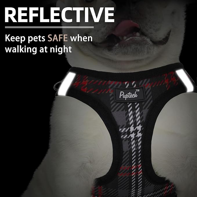 PUPTECK Dog Harness and Leash Set for Small Medium Dogs No Pull Step-in Soft Mesh Puppy Cat Vest Harnesses Reflective at Night, Plaid Pattern Black M