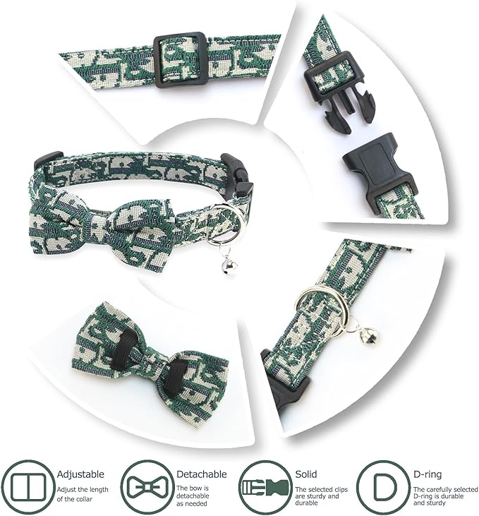 Bowtie Collars for Big Dogs, Elegant Puppy Collars with Leash Set, Dog Collars with Bowtie Adjustable 15.7"-20.9", Green, L