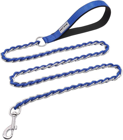 Chew Proof Metal Leash Chain Dog Leash for Medium Large Dogs, Chain Link Anti Chew 4FT Strong Anti Bite Comfortable Soft Padded Handle Blue