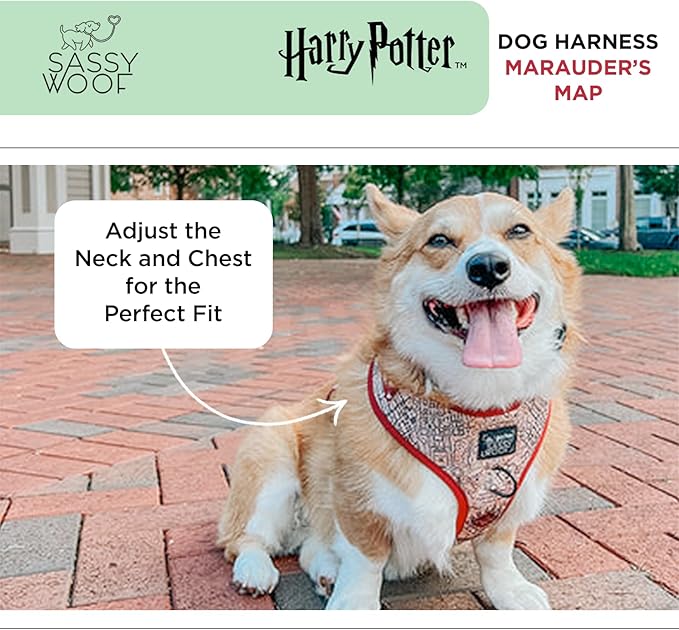 Sassy Woof Dog Adjustable Harness - Harry Potter™ Marauder's Map™ - L, Breathable Mesh, No Pull Design with Two D-Rings, Ideal for Large Dogs - Officially Licensed