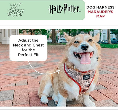 Sassy Woof Dog Adjustable Harness - Harry Potter™ Marauder's Map™ - XL, Breathable Mesh, No Pull Design with Two D-Rings, Perfect for Extra Large Dogs - Officially Licensed