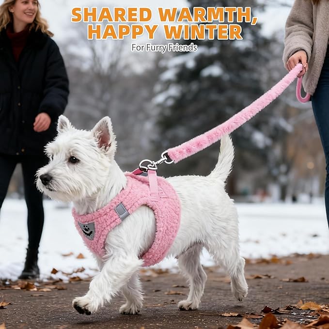 KOOLTAIL Plush Small Dog Harness and Leash Set, Warm Fleece No Pull Puppy Vest for Winter, Lightweight Reflective Step in Pet Harness for Medium Sized Dogs Boy Girl Outdoor Walking Cute Soft, Pink M