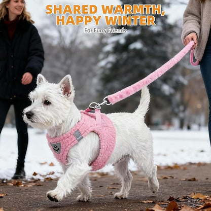 KOOLTAIL Plush Small Dog Harness and Leash Set, Warm Fleece No Pull Puppy Vest for Winter, Lightweight Reflective Step in Pet Harness for Medium Sized Dogs Boy Girl Outdoor Walking Cute Soft, Pink M