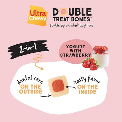 Ultra Chewy Yogurt with Strawberry Double Treat Bones: Long-Lasting Dog Treats Made in USA for Large and Small Breeds, Highly Digestible (24 Count)