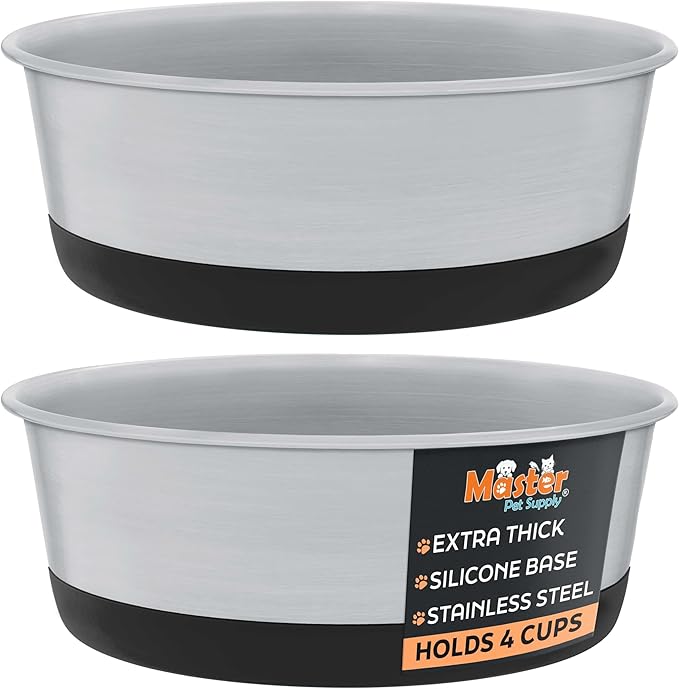 Master Pet Supply Stainless Steel Dog Bowls Set of 2 with Extra Thick Silicone Base - 4 Cup (32 oz) Black Velvet, Non-Slip, Dishwasher Safe Metal Bowls, Pet Dog Food Bowl for Dogs, Cats, Anti Rust