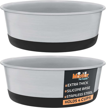 Master Pet Supply Stainless Steel Dog Bowls Set of 2 with Extra Thick Silicone Base - 4 Cup (32 oz) Black Velvet, Non-Slip, Dishwasher Safe Metal Bowls, Pet Dog Food Bowl for Dogs, Cats, Anti Rust