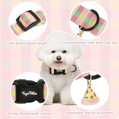 Dog Collar with Colorful Check Pattern, Spring Summer Collection Dog Collar with Exquisite Pendant, Durable Adjustable Collars for Gifts & Daily Use-XS