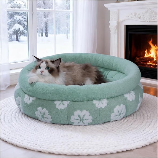 BALANCE Cat Beds for Indoor Cats, Washable Round Cat Bed, Cute 3D Flower Kitten Bed with Anti-Slip Bottom for Puppy and Kitten, 23 Inches, Green